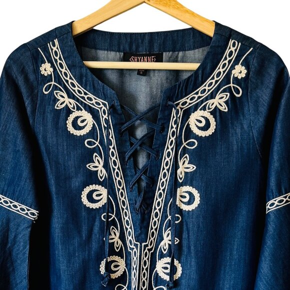 Shyanne Sm Top Tunic Boho Western Festival 3/4 Sleeve Lace Up V Neck Embroidered - Picture 5 of 16